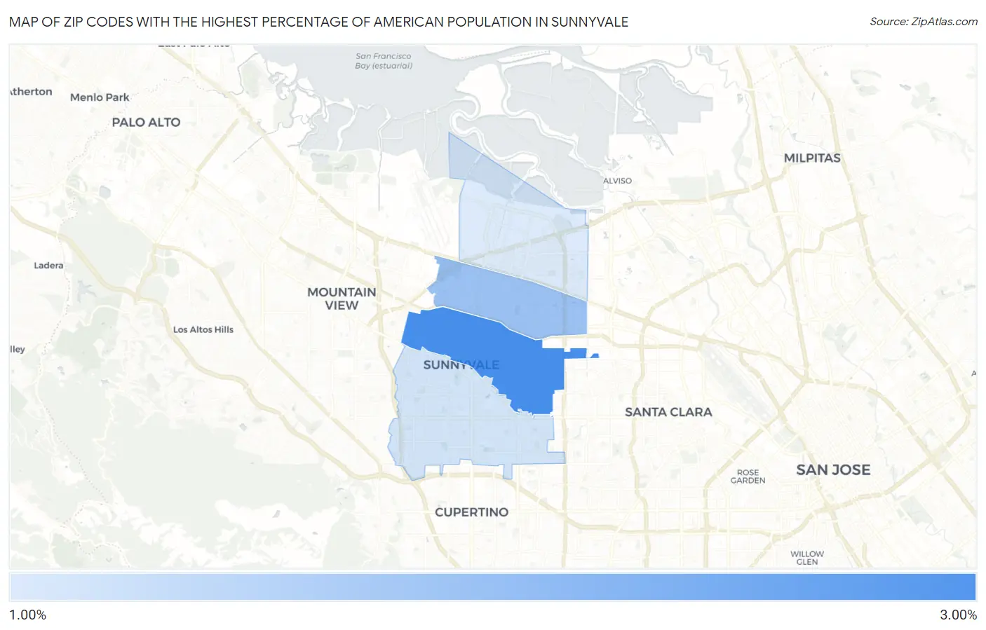 Zip Codes with the Highest Percentage of American Population in Sunnyvale Map