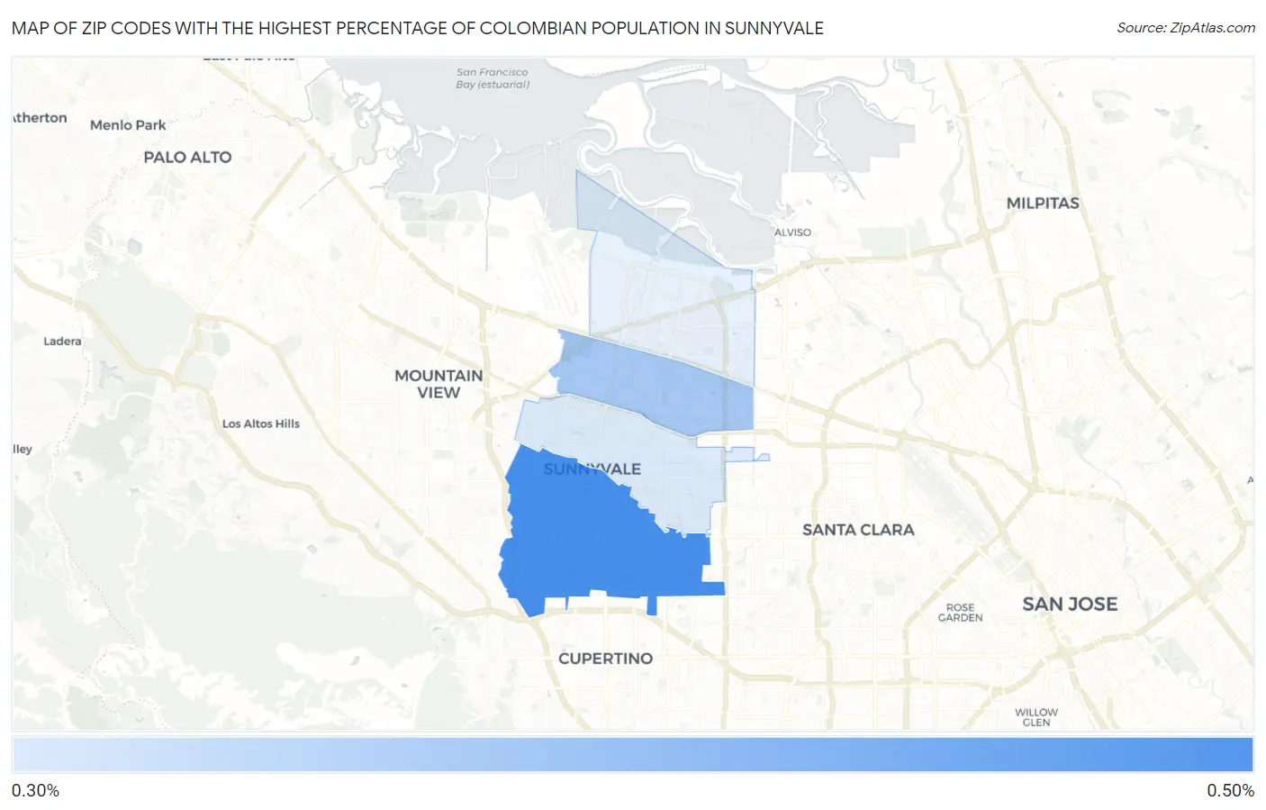 Zip Codes with the Highest Percentage of Colombian Population in Sunnyvale Map