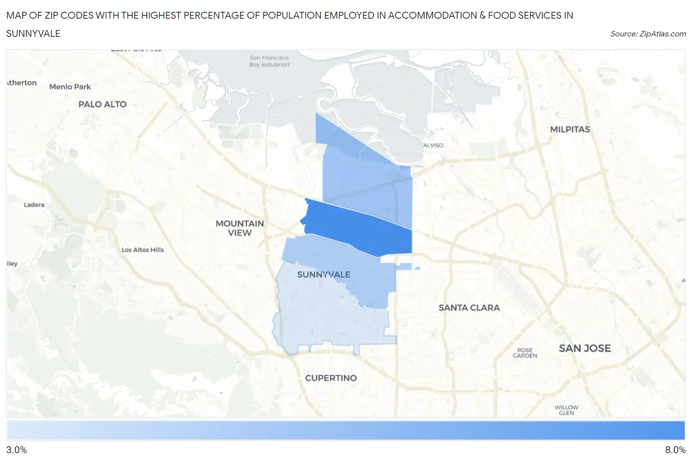 Zip Codes with the Highest Percentage of Population Employed in Accommodation & Food Services in Sunnyvale Map