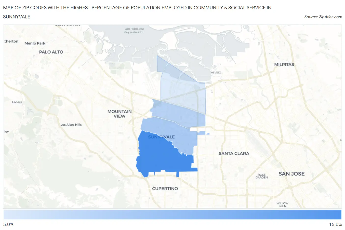 Zip Codes with the Highest Percentage of Population Employed in Community & Social Service  in Sunnyvale Map