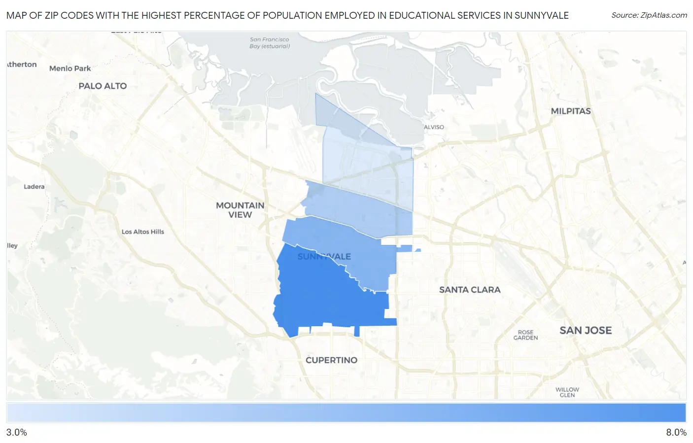 Zip Codes with the Highest Percentage of Population Employed in Educational Services in Sunnyvale Map