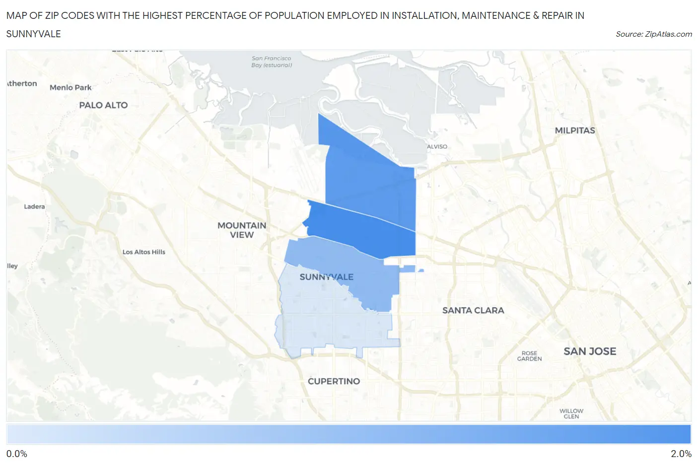 Zip Codes with the Highest Percentage of Population Employed in Installation, Maintenance & Repair in Sunnyvale Map
