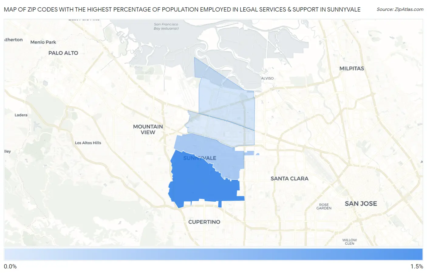 Zip Codes with the Highest Percentage of Population Employed in Legal Services & Support in Sunnyvale Map