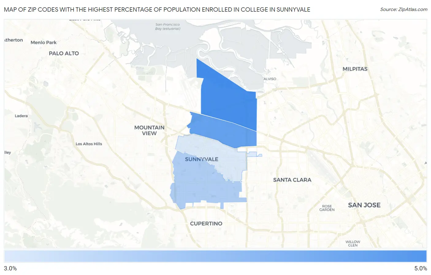 Zip Codes with the Highest Percentage of Population Enrolled in College in Sunnyvale Map