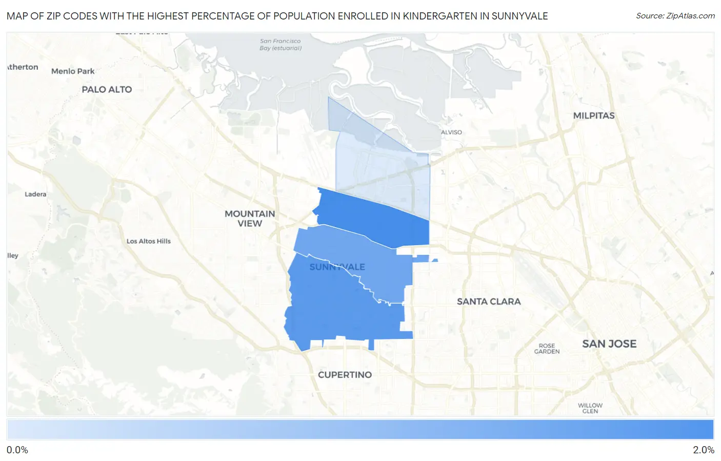 Zip Codes with the Highest Percentage of Population Enrolled in Kindergarten in Sunnyvale Map