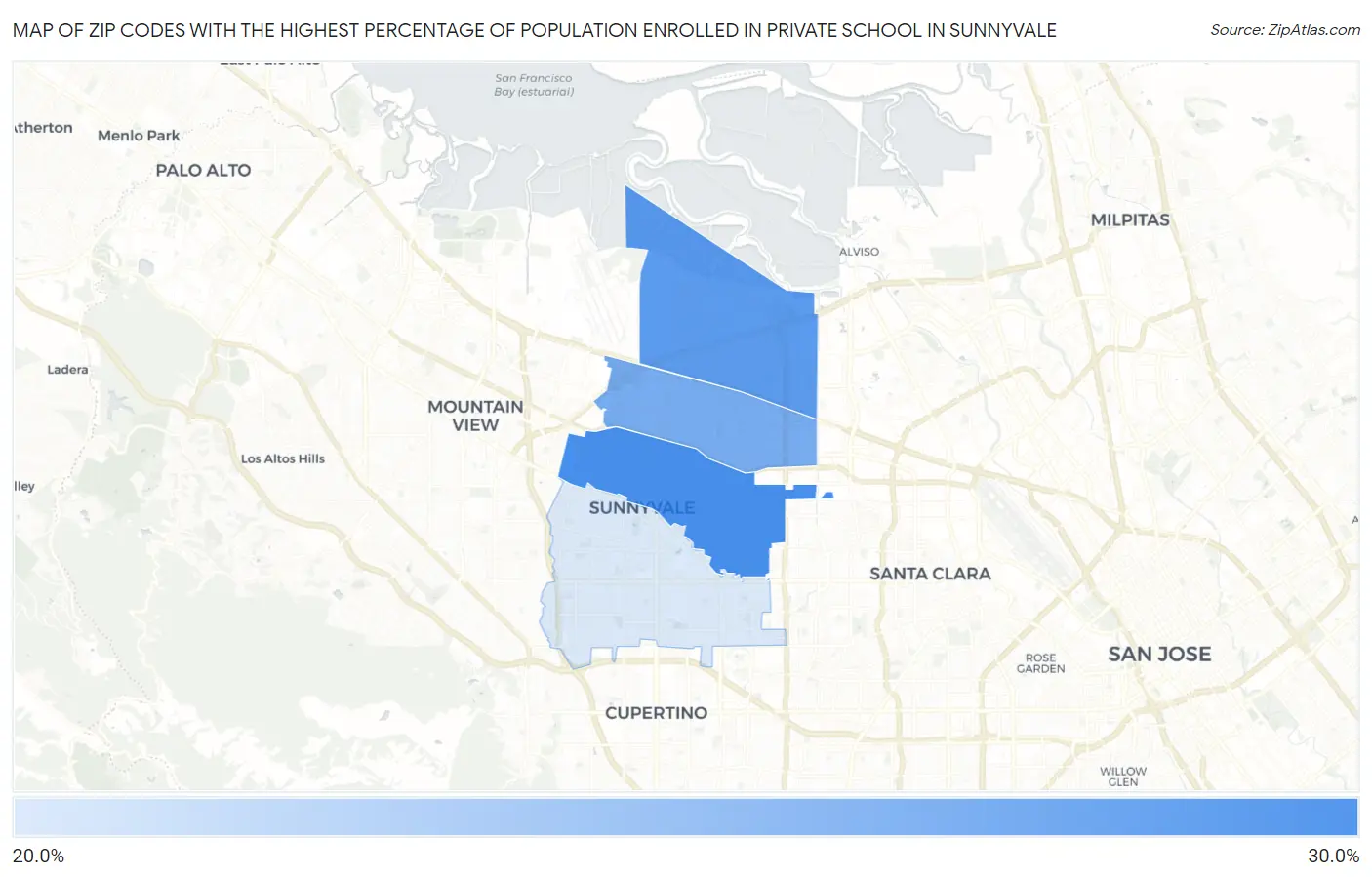 Zip Codes with the Highest Percentage of Population Enrolled in Private School in Sunnyvale Map