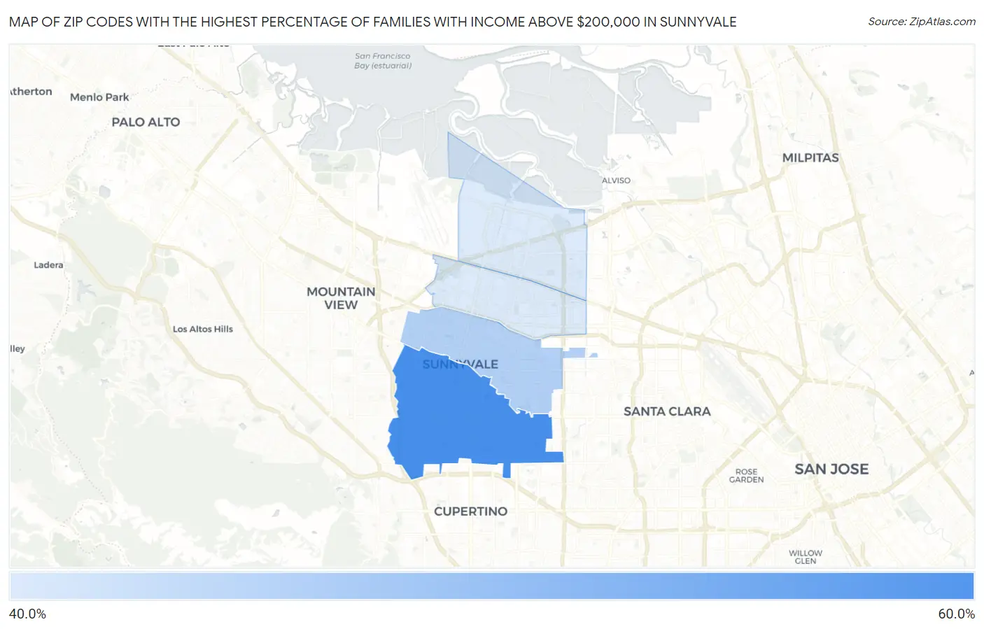 Zip Codes with the Highest Percentage of Families with Income Above $200,000 in Sunnyvale Map