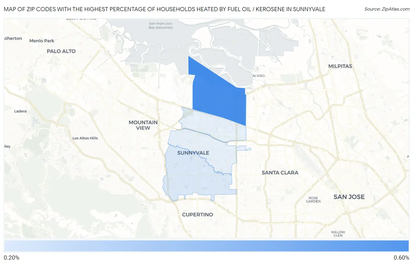Zip Codes with the Highest Percentage of Households Heated by Fuel Oil / Kerosene in Sunnyvale Map