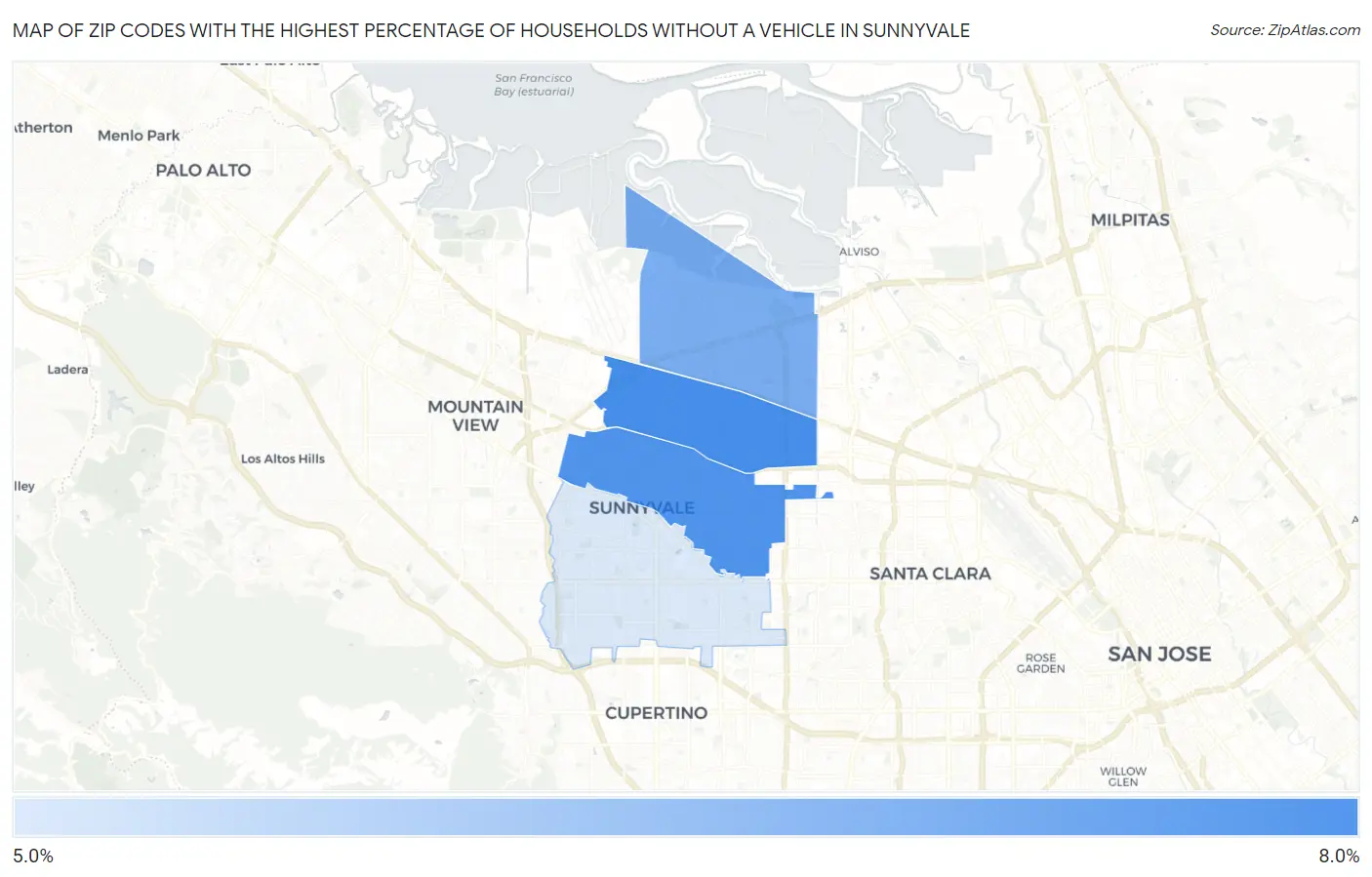 Zip Codes with the Highest Percentage of Households Without a Vehicle in Sunnyvale Map