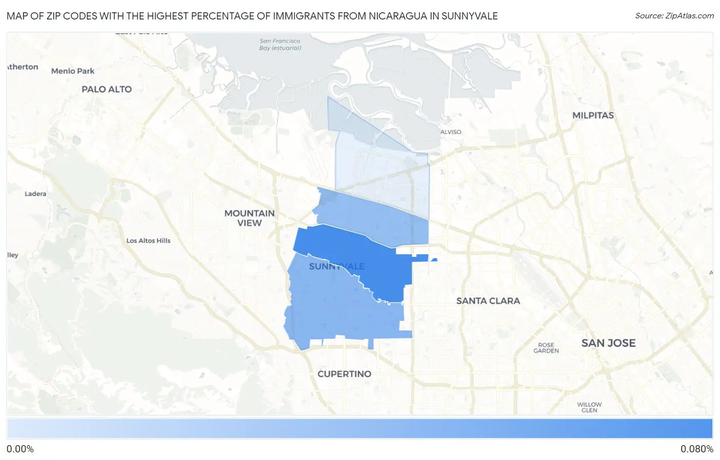 Zip Codes with the Highest Percentage of Immigrants from Nicaragua in Sunnyvale Map