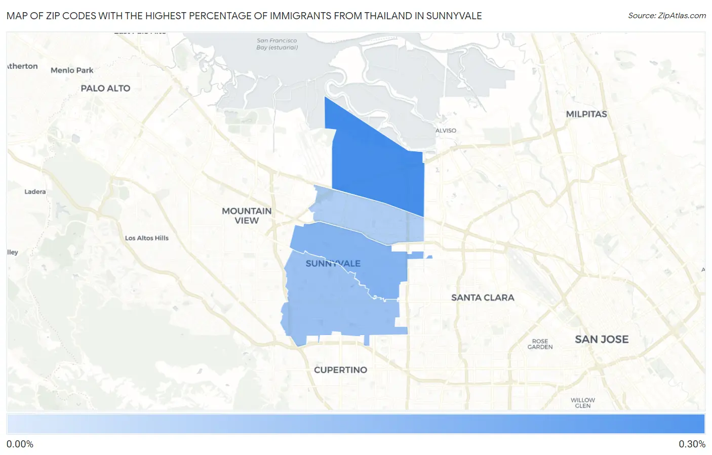 Zip Codes with the Highest Percentage of Immigrants from Thailand in Sunnyvale Map