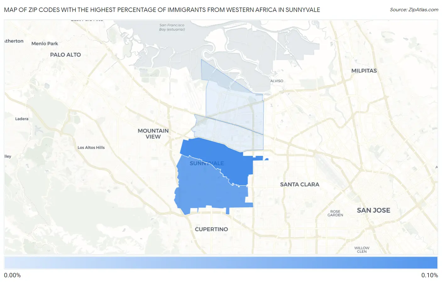 Zip Codes with the Highest Percentage of Immigrants from Western Africa in Sunnyvale Map