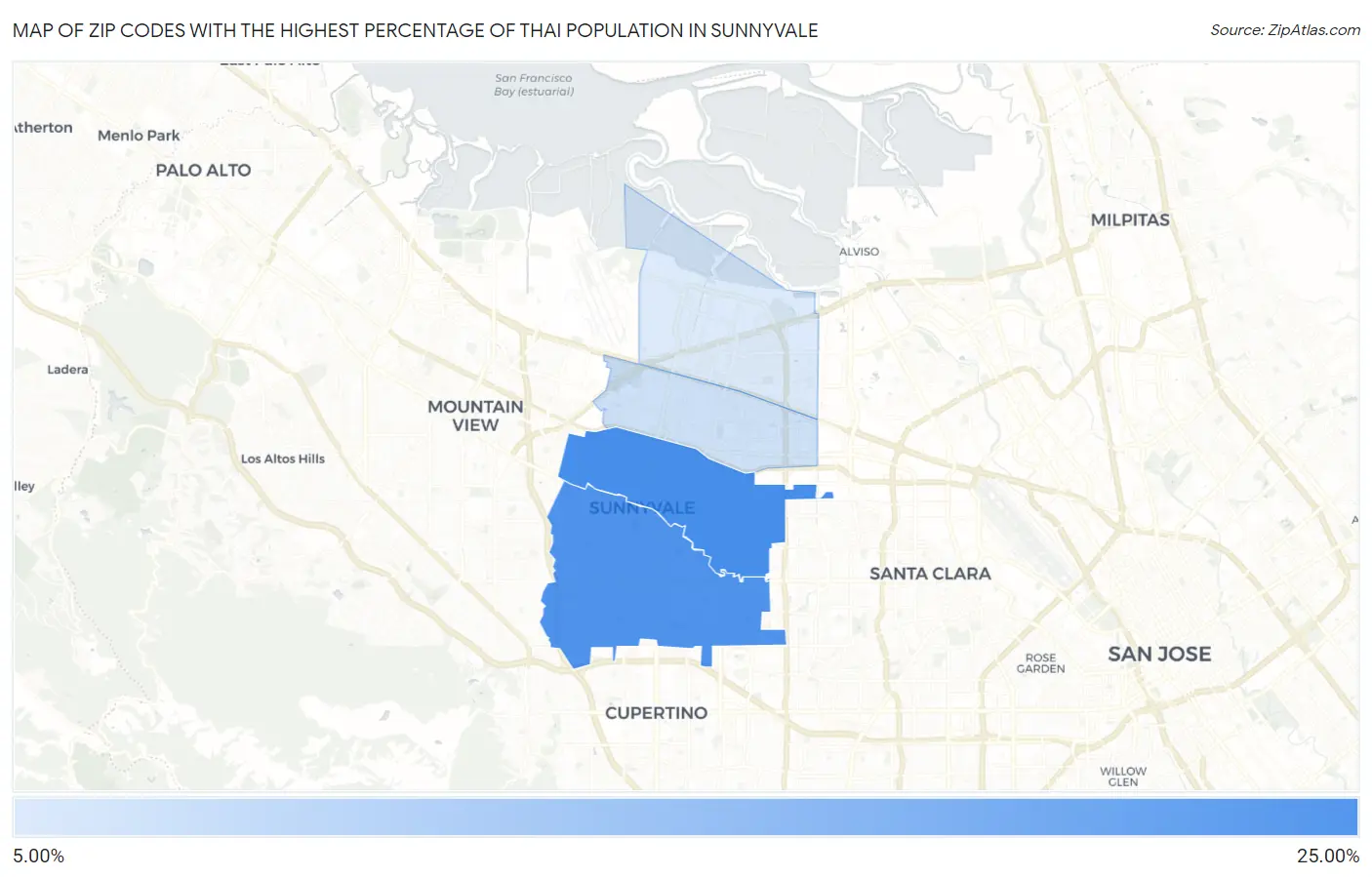 Zip Codes with the Highest Percentage of Thai Population in Sunnyvale Map