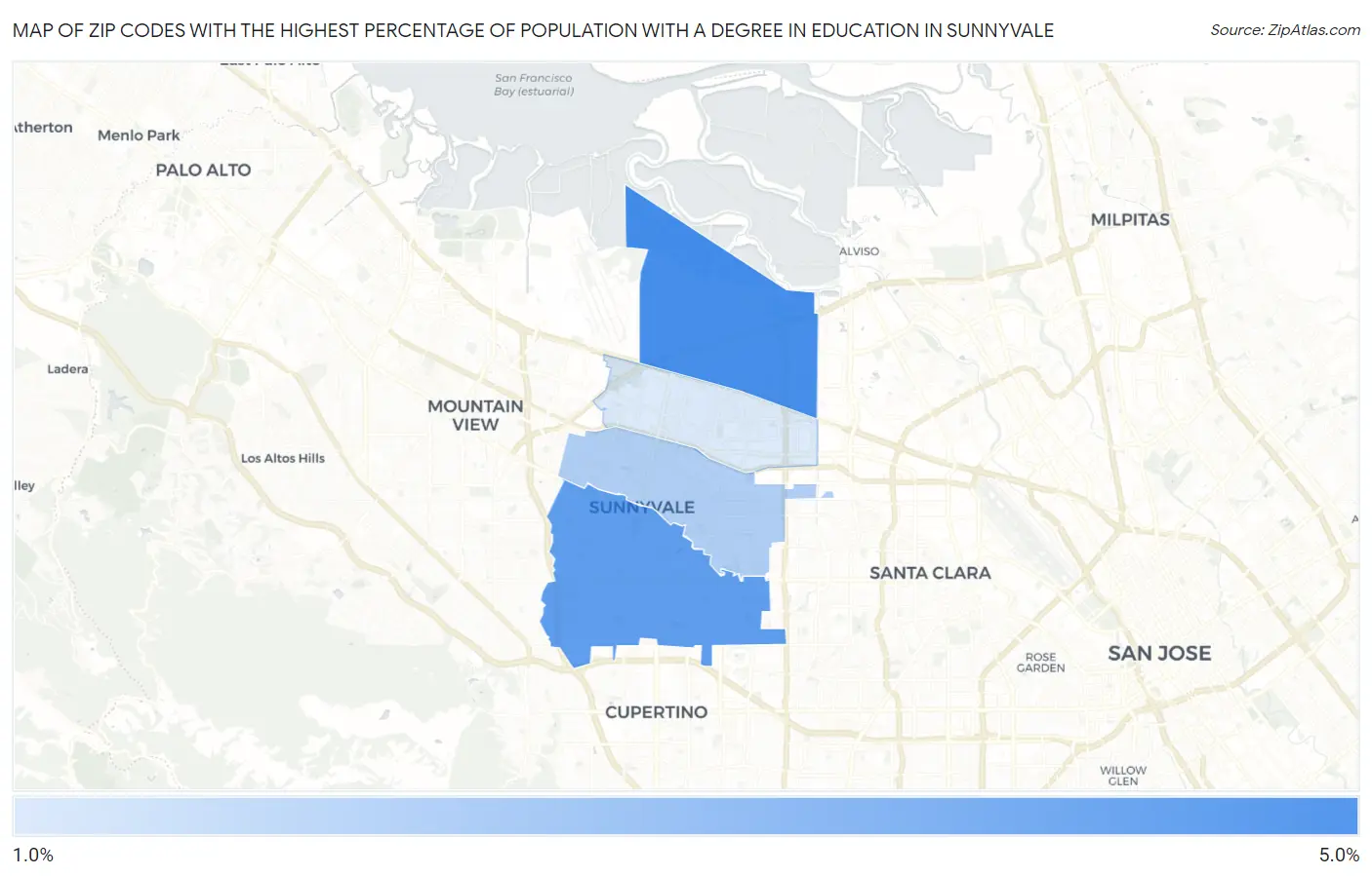 Zip Codes with the Highest Percentage of Population with a Degree in Education in Sunnyvale Map