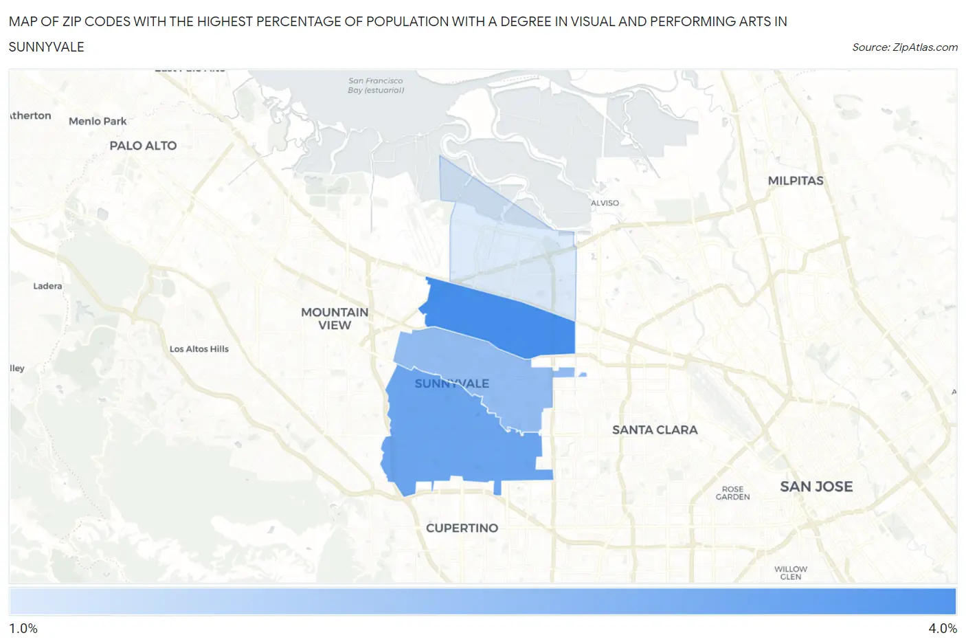 Zip Codes with the Highest Percentage of Population with a Degree in Visual and Performing Arts in Sunnyvale Map