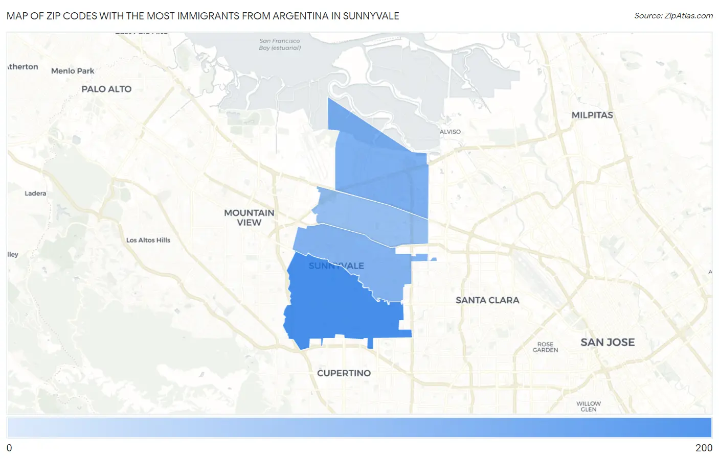 Zip Codes with the Most Immigrants from Argentina in Sunnyvale Map