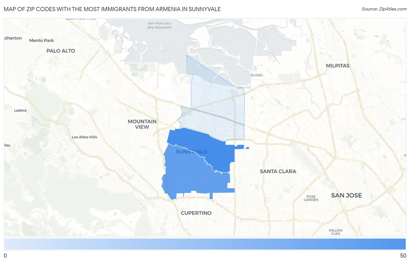 Zip Codes with the Most Immigrants from Armenia in Sunnyvale Map
