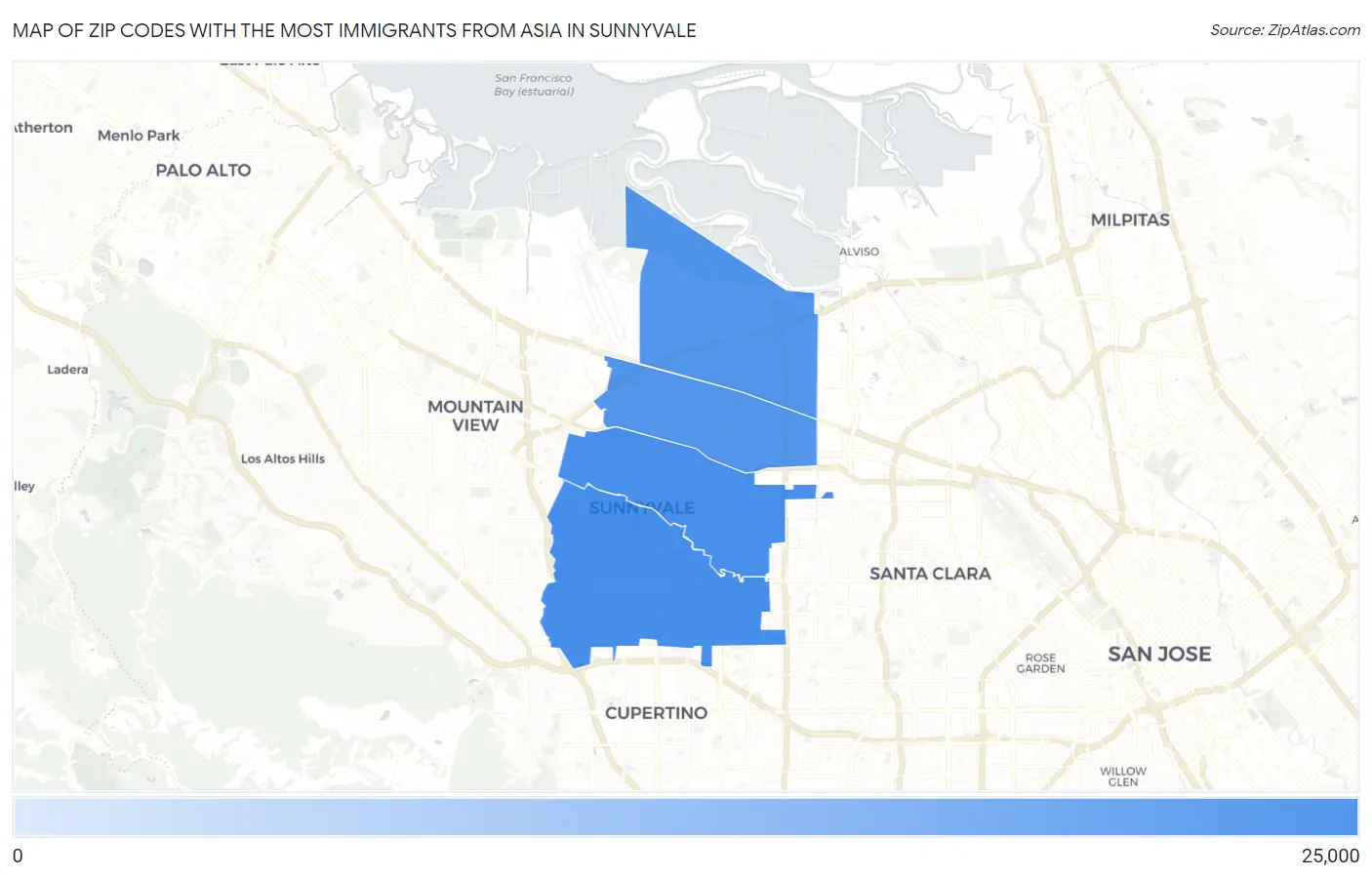 Zip Codes with the Most Immigrants from Asia in Sunnyvale Map