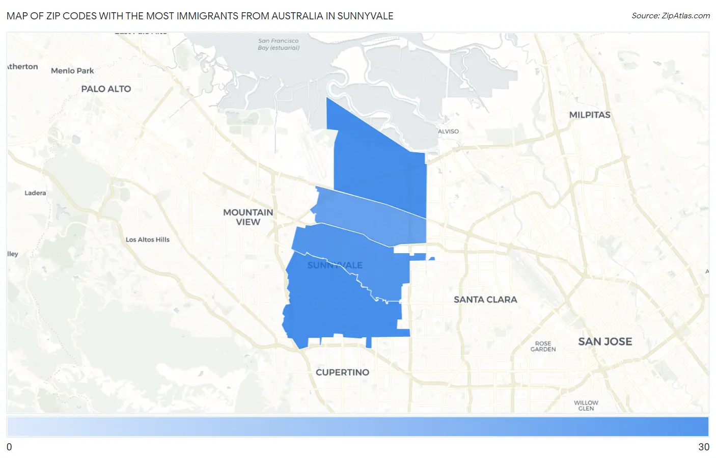Zip Codes with the Most Immigrants from Australia in Sunnyvale Map