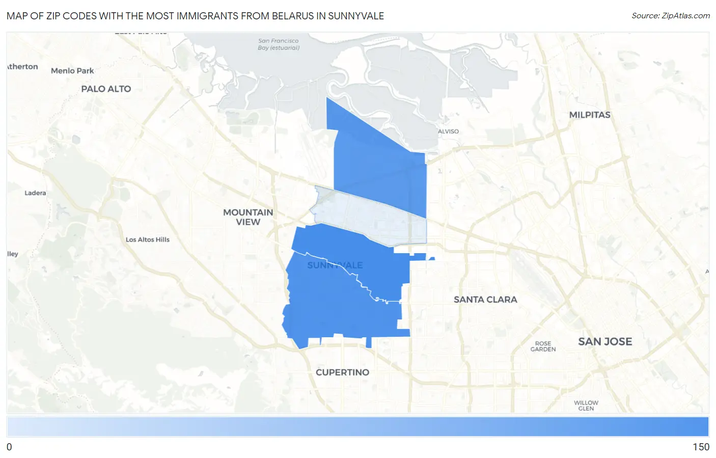 Zip Codes with the Most Immigrants from Belarus in Sunnyvale Map