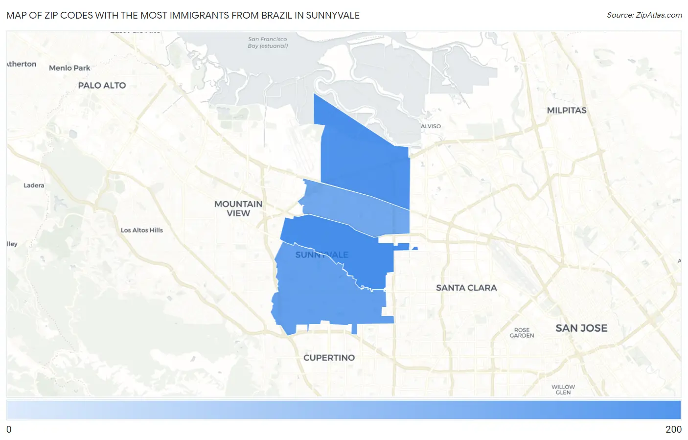 Zip Codes with the Most Immigrants from Brazil in Sunnyvale Map