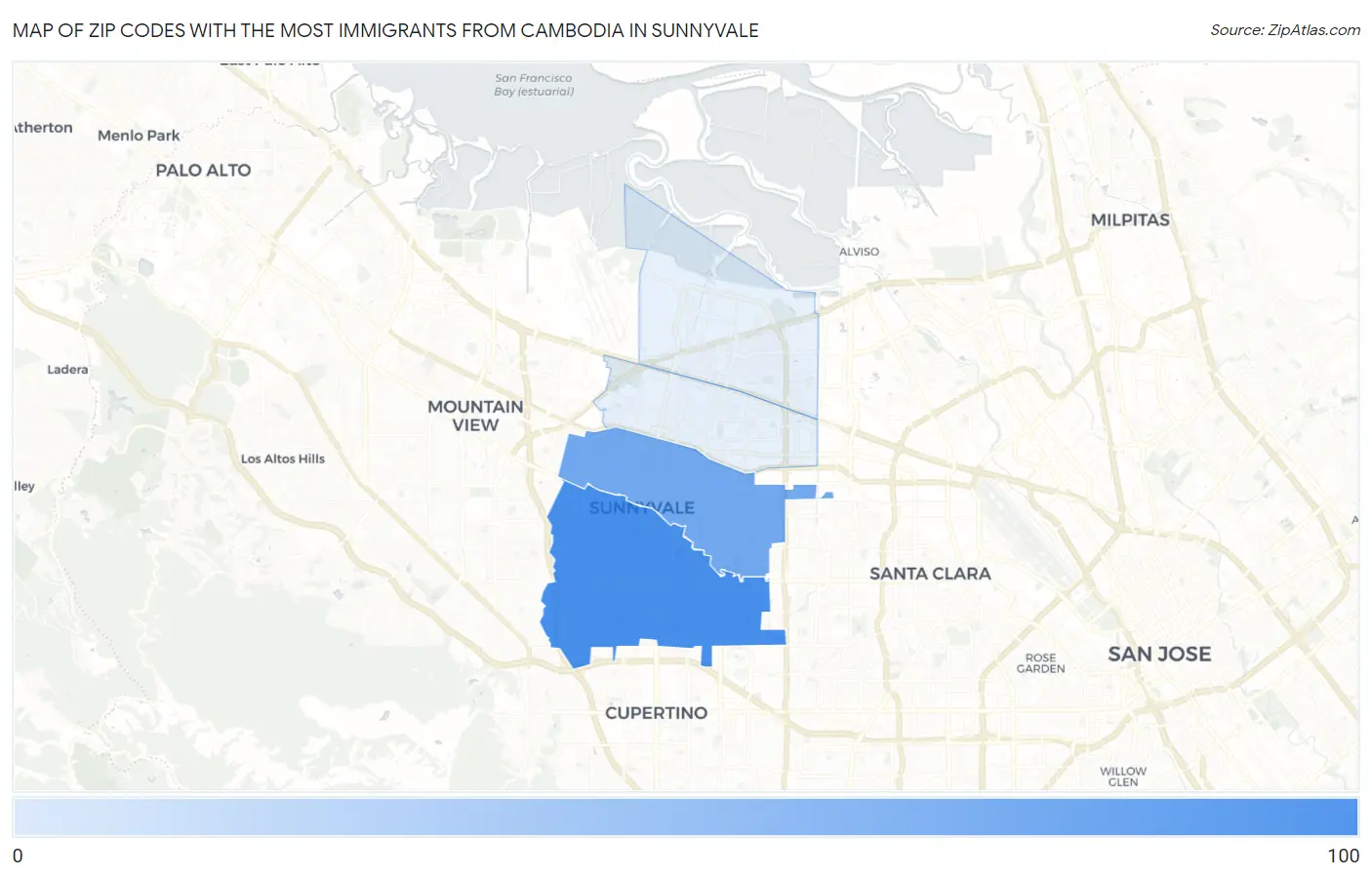 Zip Codes with the Most Immigrants from Cambodia in Sunnyvale Map