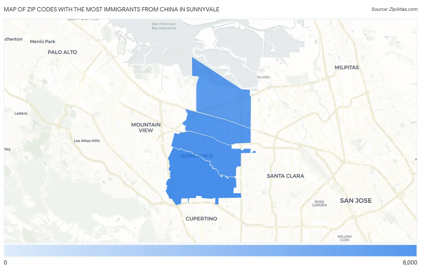 Zip Codes with the Most Immigrants from China in Sunnyvale Map