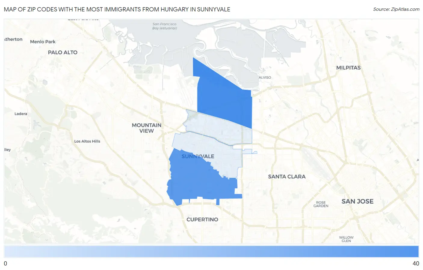 Zip Codes with the Most Immigrants from Hungary in Sunnyvale Map