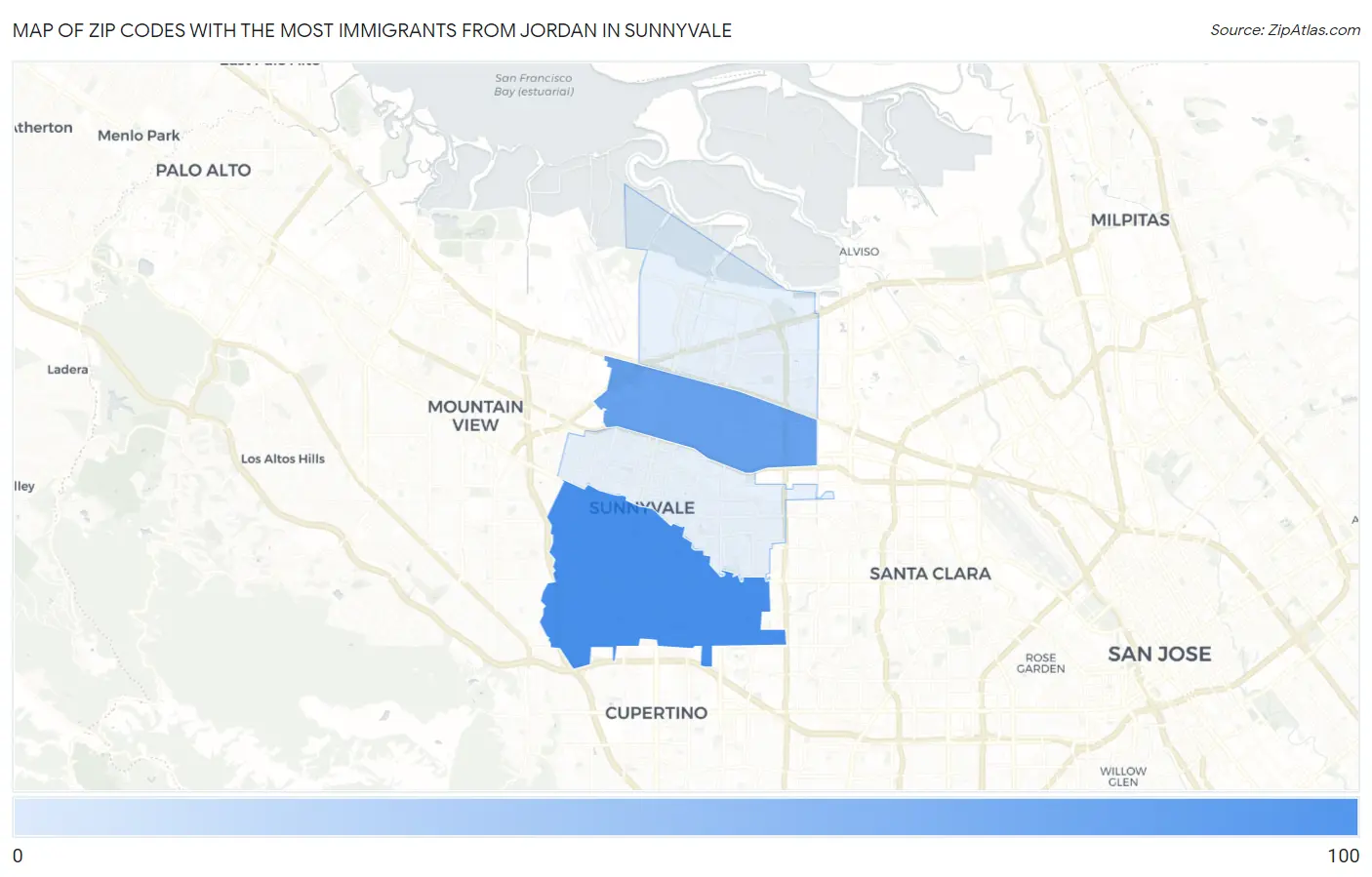 Zip Codes with the Most Immigrants from Jordan in Sunnyvale Map