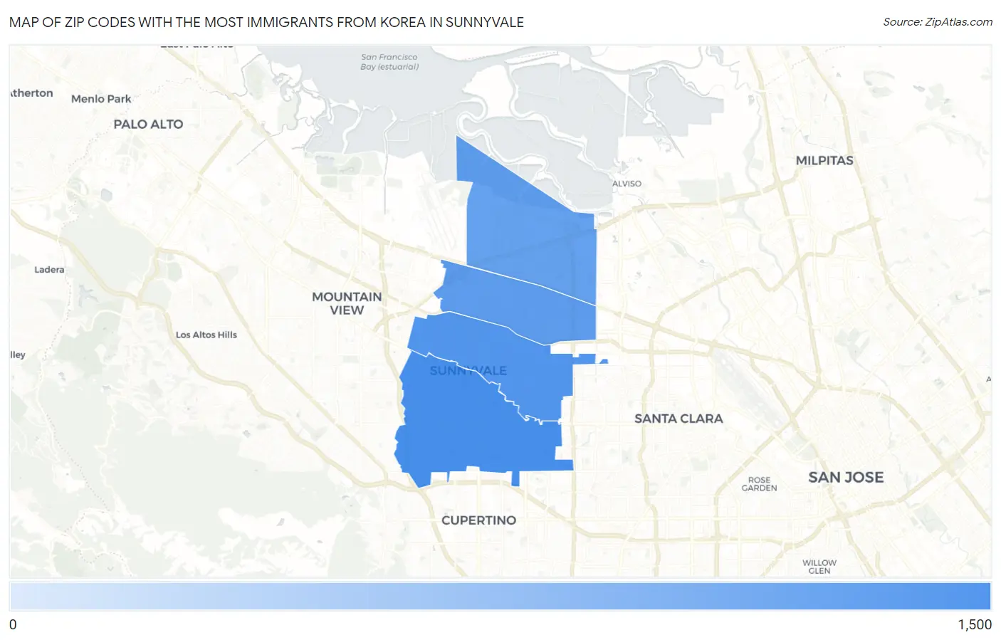 Zip Codes with the Most Immigrants from Korea in Sunnyvale Map