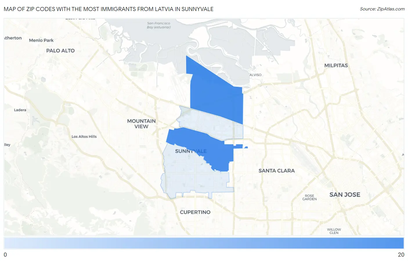 Zip Codes with the Most Immigrants from Latvia in Sunnyvale Map