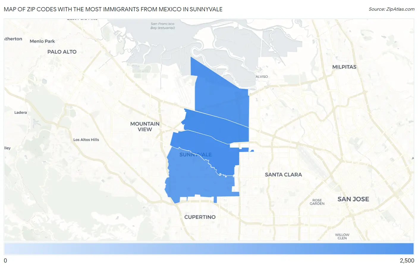Zip Codes with the Most Immigrants from Mexico in Sunnyvale Map