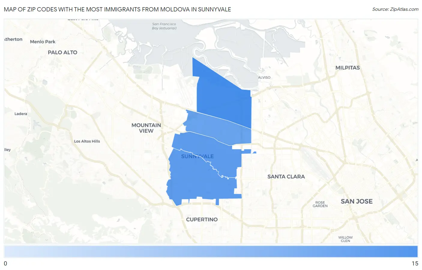 Zip Codes with the Most Immigrants from Moldova in Sunnyvale Map