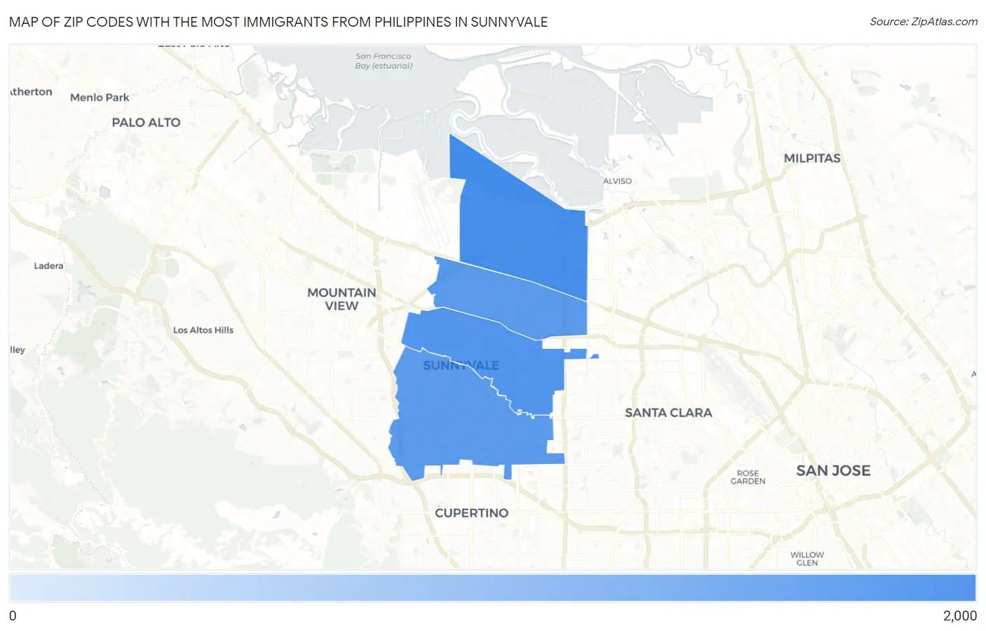 Zip Codes with the Most Immigrants from Philippines in Sunnyvale Map