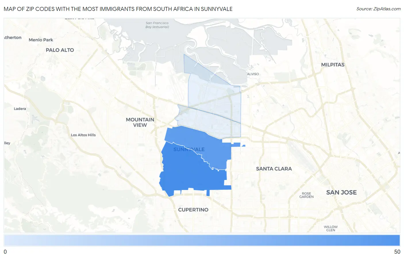 Zip Codes with the Most Immigrants from South Africa in Sunnyvale Map