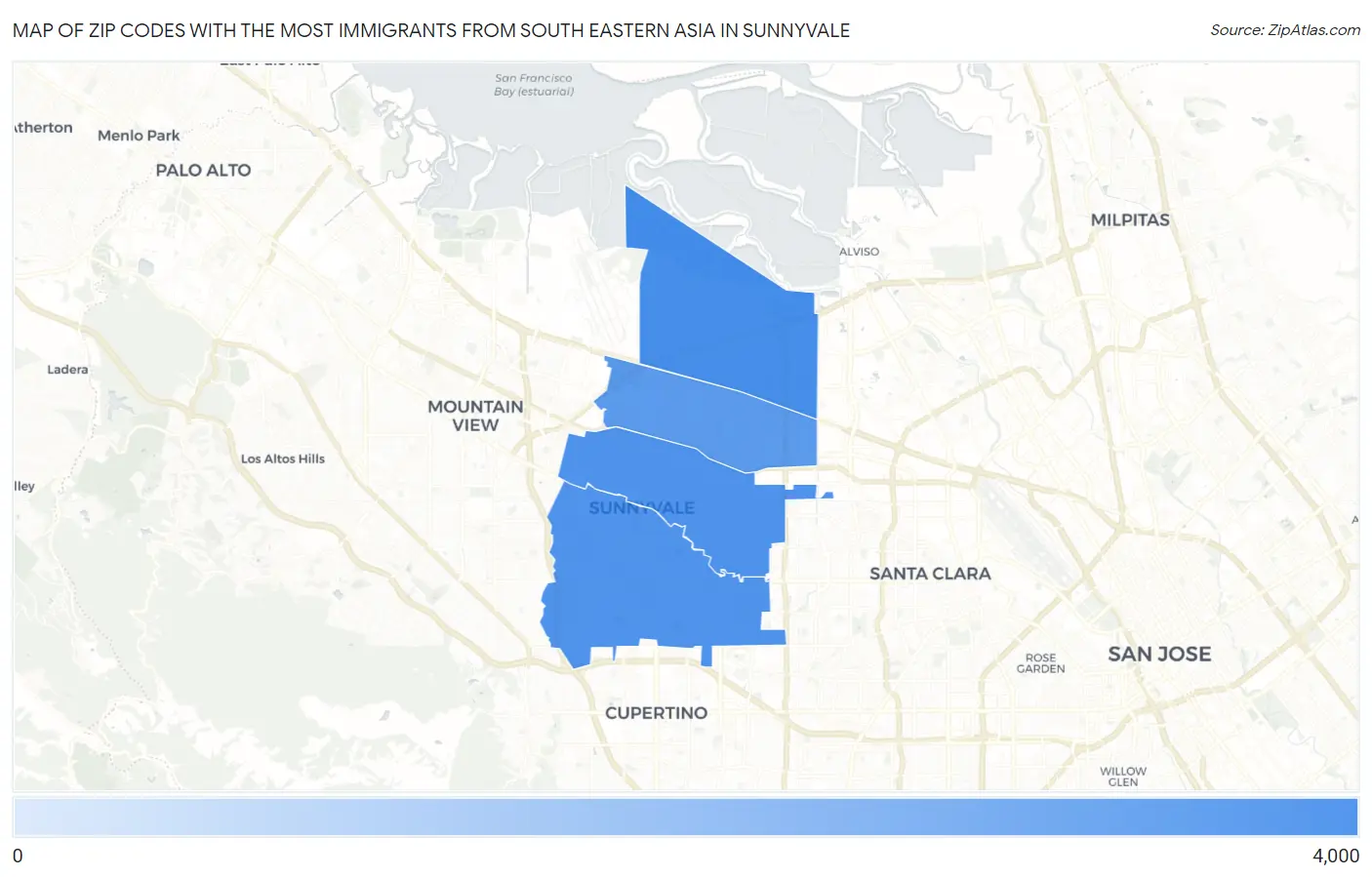 Zip Codes with the Most Immigrants from South Eastern Asia in Sunnyvale Map
