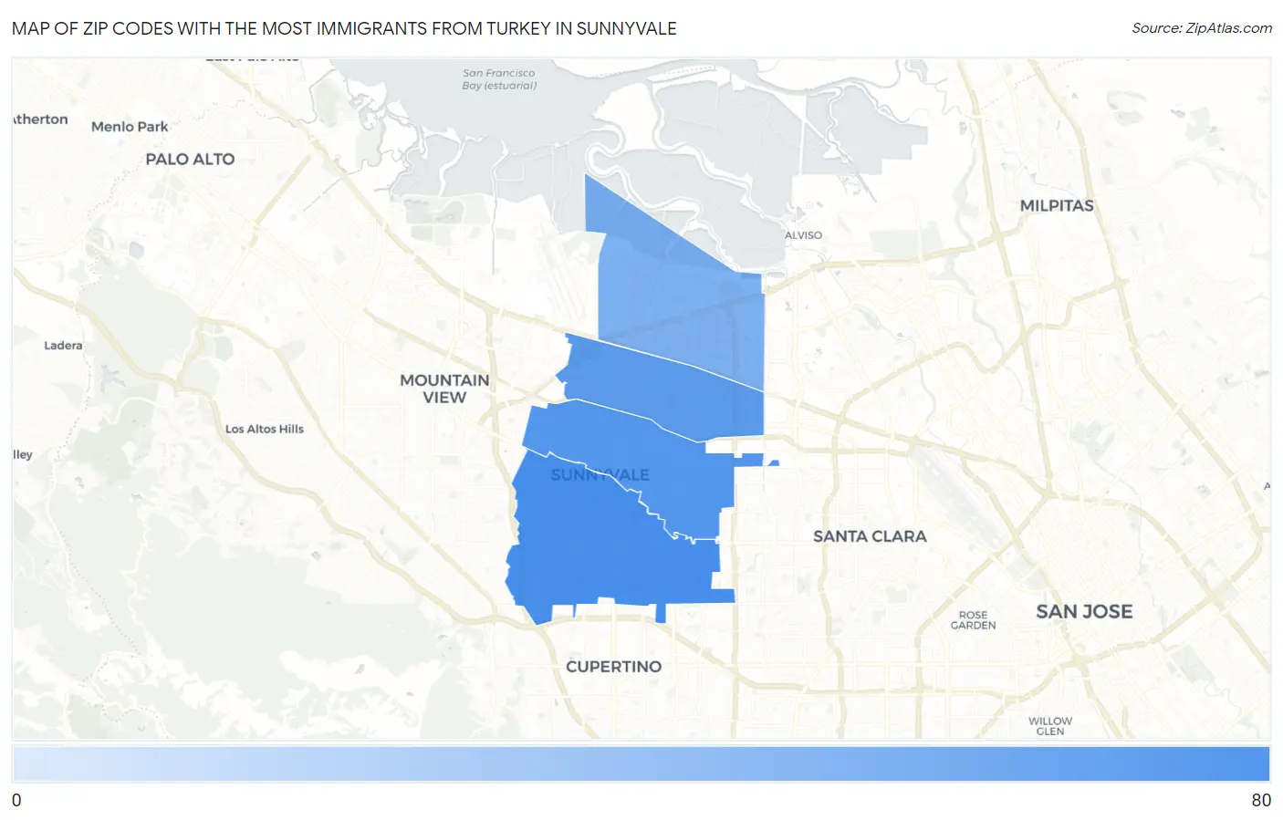 Zip Codes with the Most Immigrants from Turkey in Sunnyvale Map