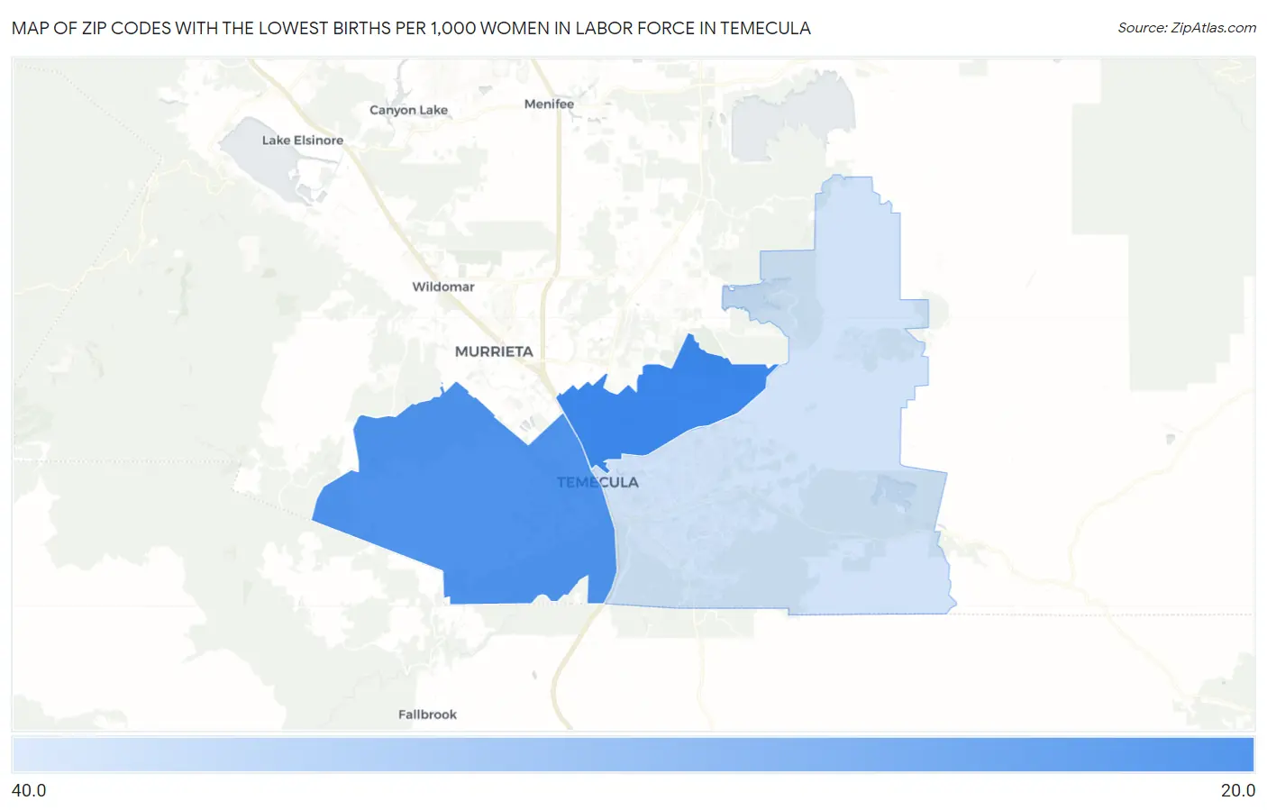 Zip Codes with the Lowest Births per 1,000 Women in Labor Force in Temecula Map