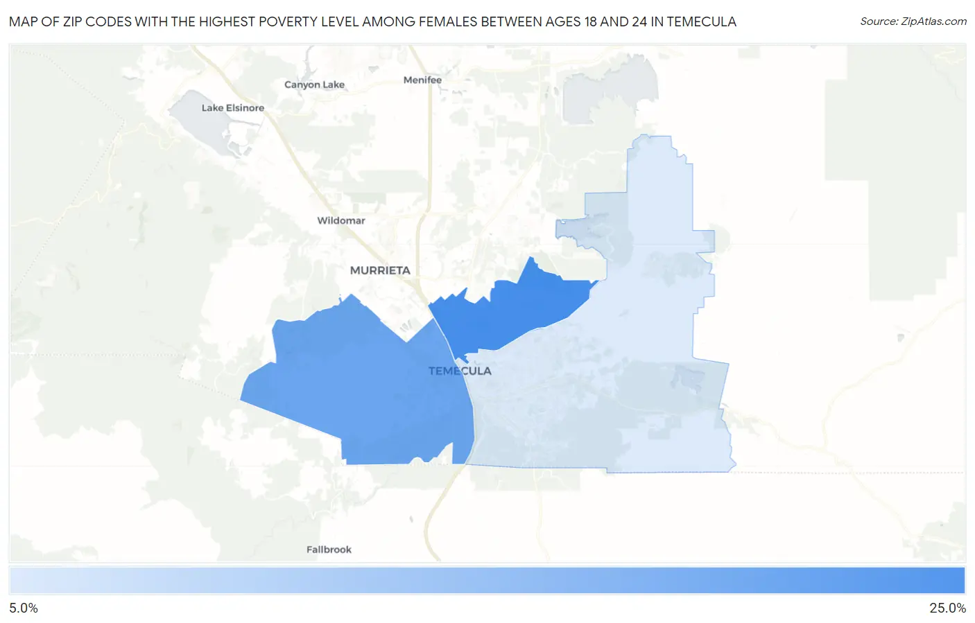 Zip Codes with the Highest Poverty Level Among Females Between Ages 18 and 24 in Temecula Map