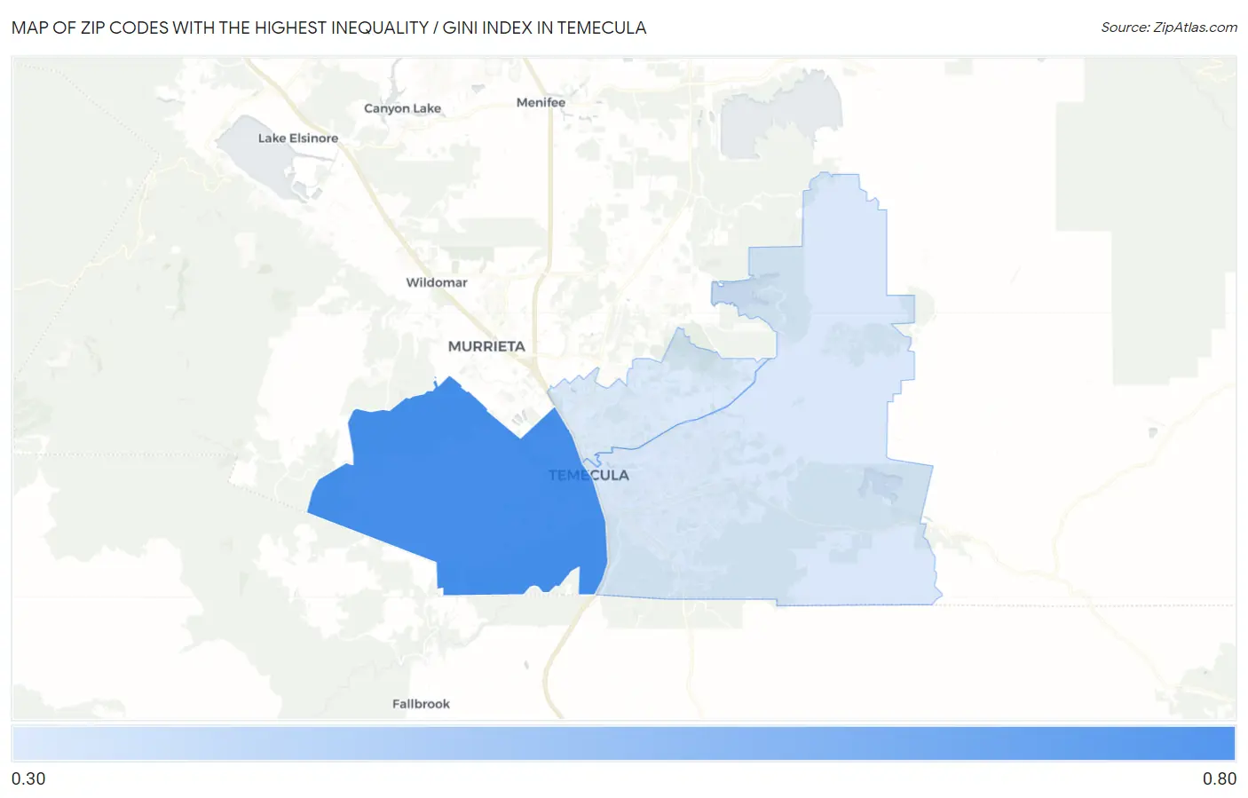 Zip Codes with the Highest Inequality / Gini Index in Temecula Map
