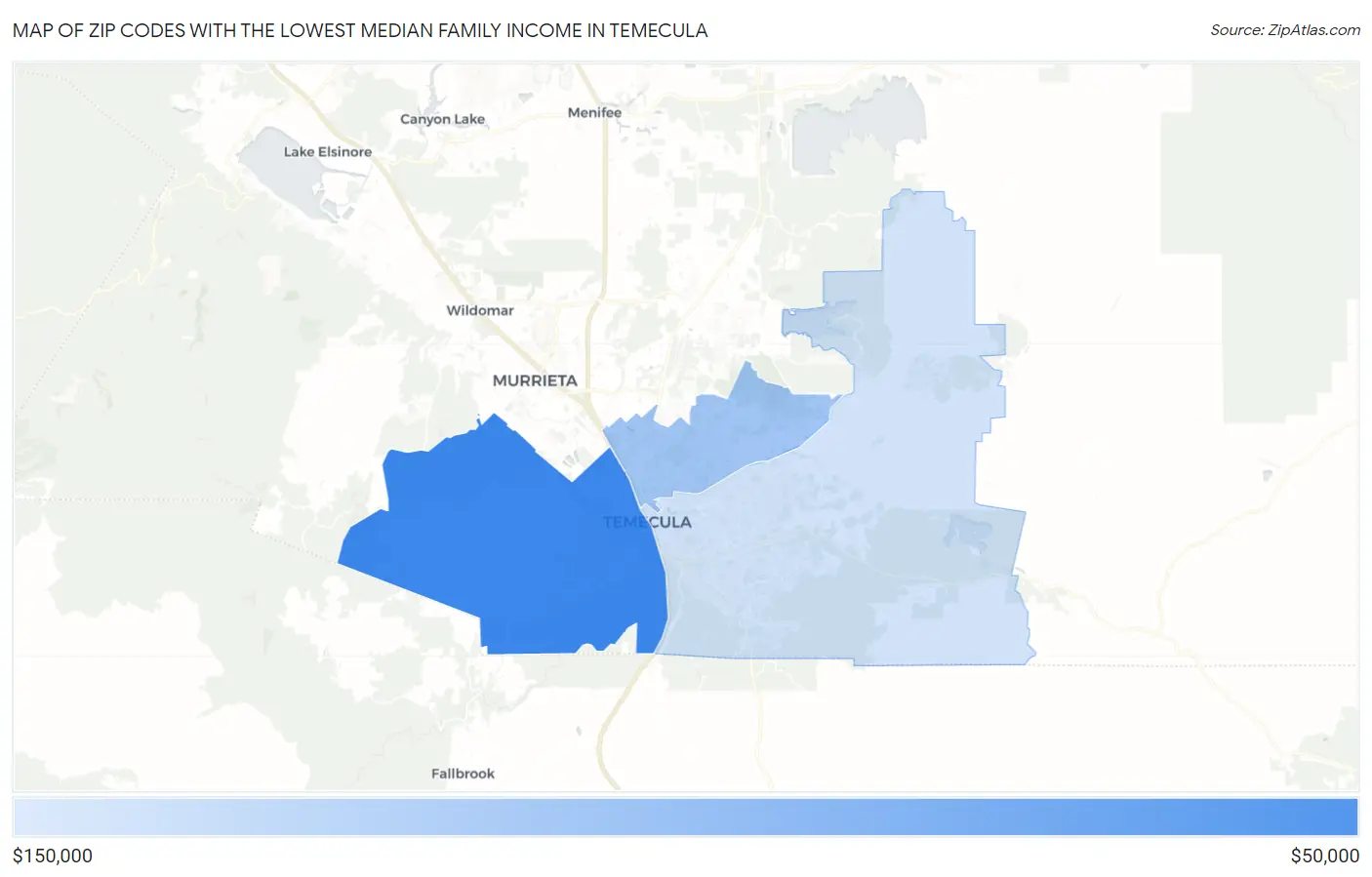 Zip Codes with the Lowest Median Family Income in Temecula Map