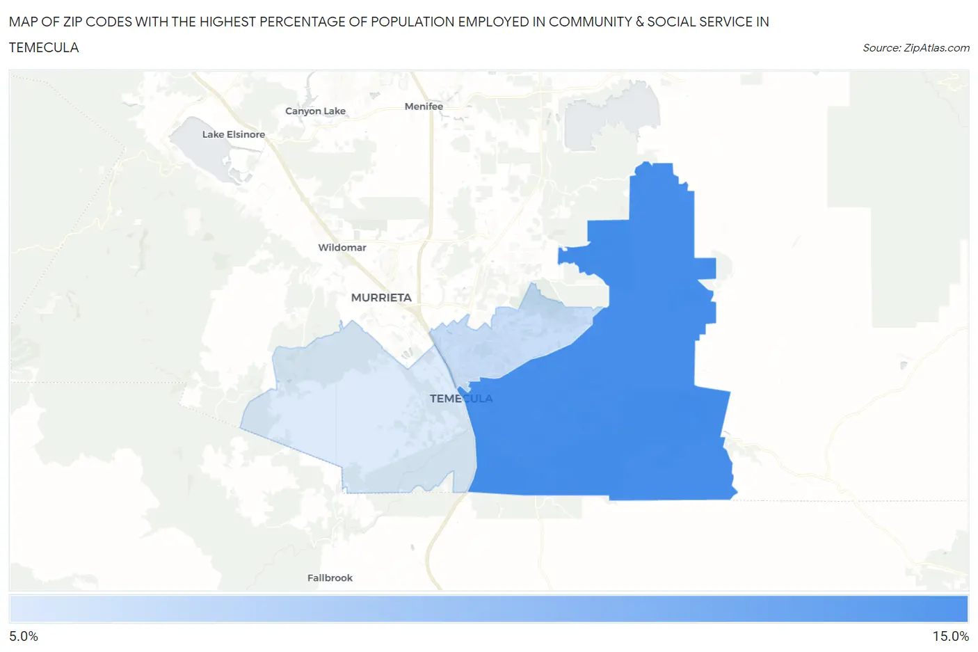 Zip Codes with the Highest Percentage of Population Employed in Community & Social Service  in Temecula Map