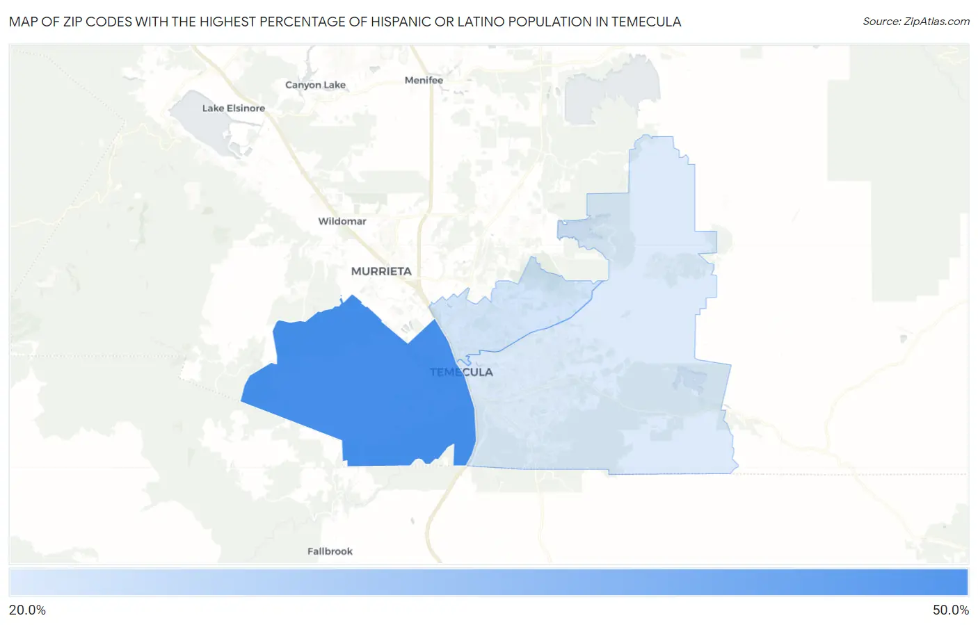 Zip Codes with the Highest Percentage of Hispanic or Latino Population in Temecula Map