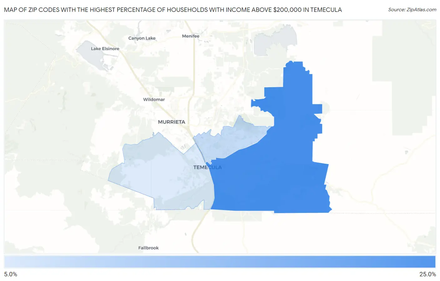 Zip Codes with the Highest Percentage of Households with Income Above $200,000 in Temecula Map