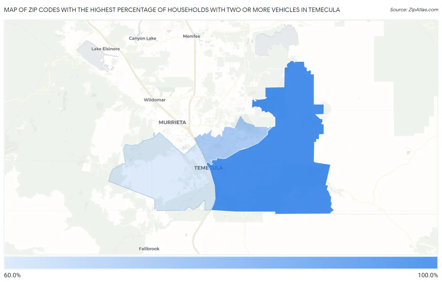Zip Codes with the Highest Percentage of Households With Two or more Vehicles in Temecula Map