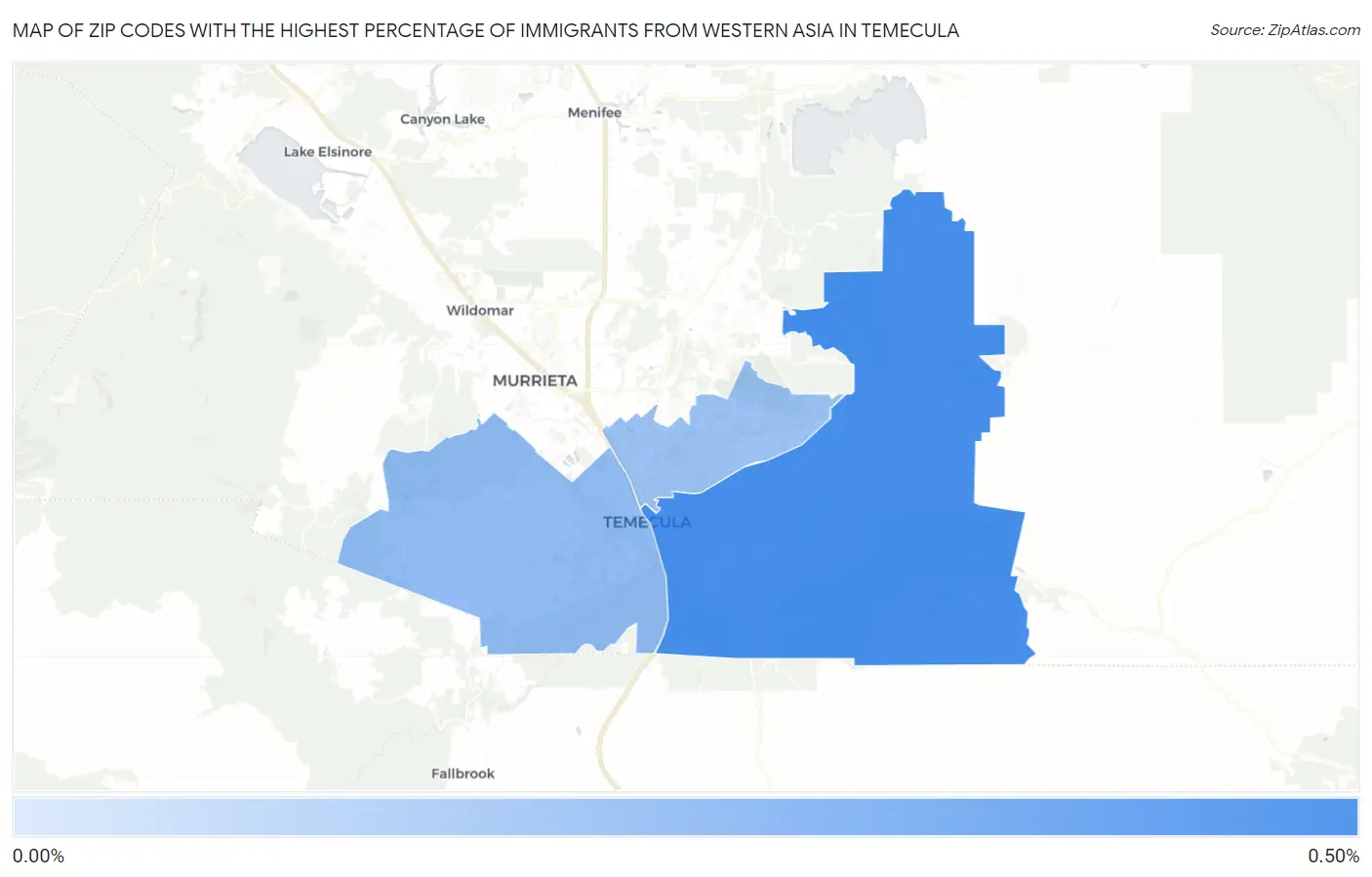 Zip Codes with the Highest Percentage of Immigrants from Western Asia in Temecula Map