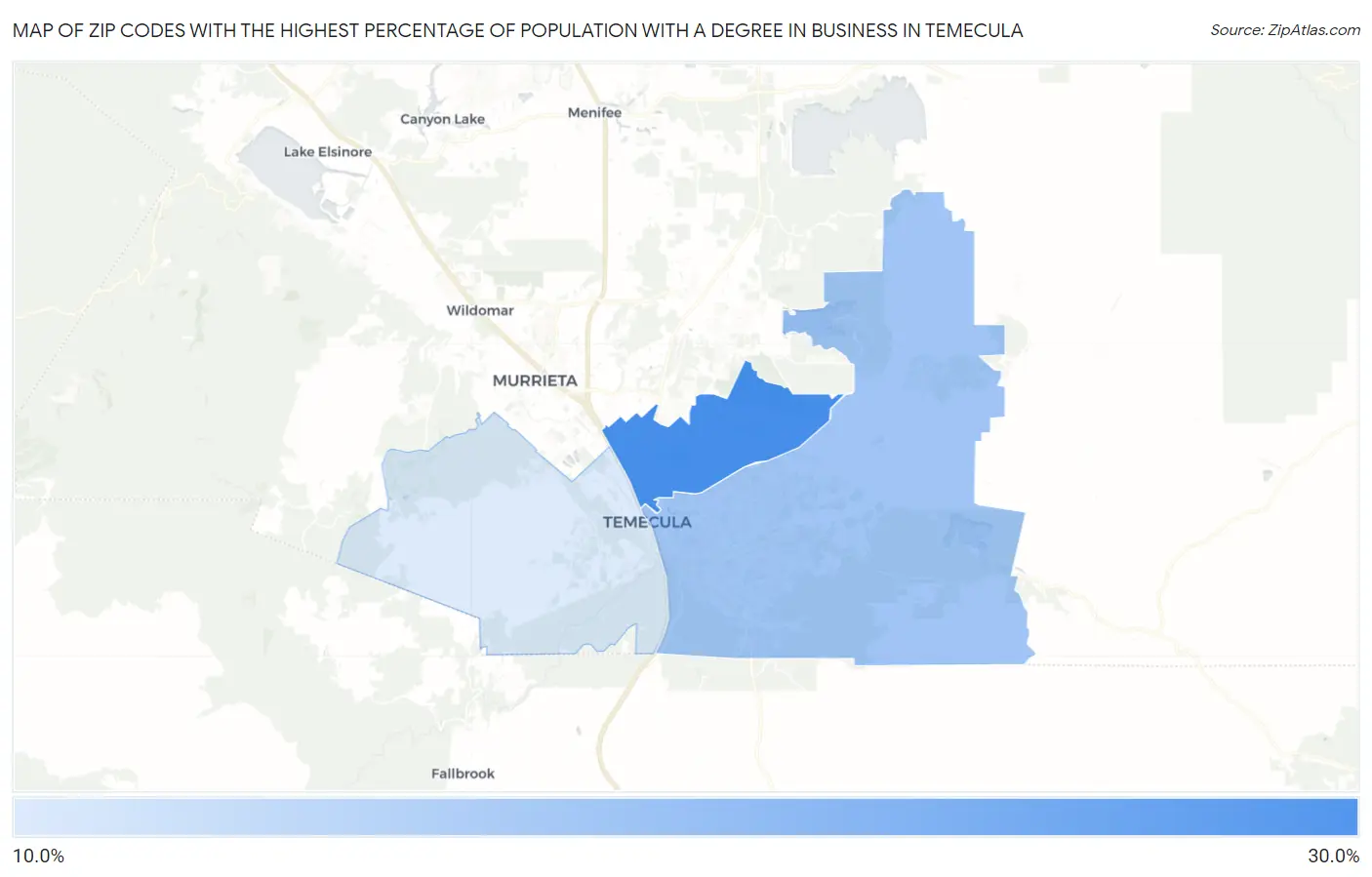 Zip Codes with the Highest Percentage of Population with a Degree in Business in Temecula Map
