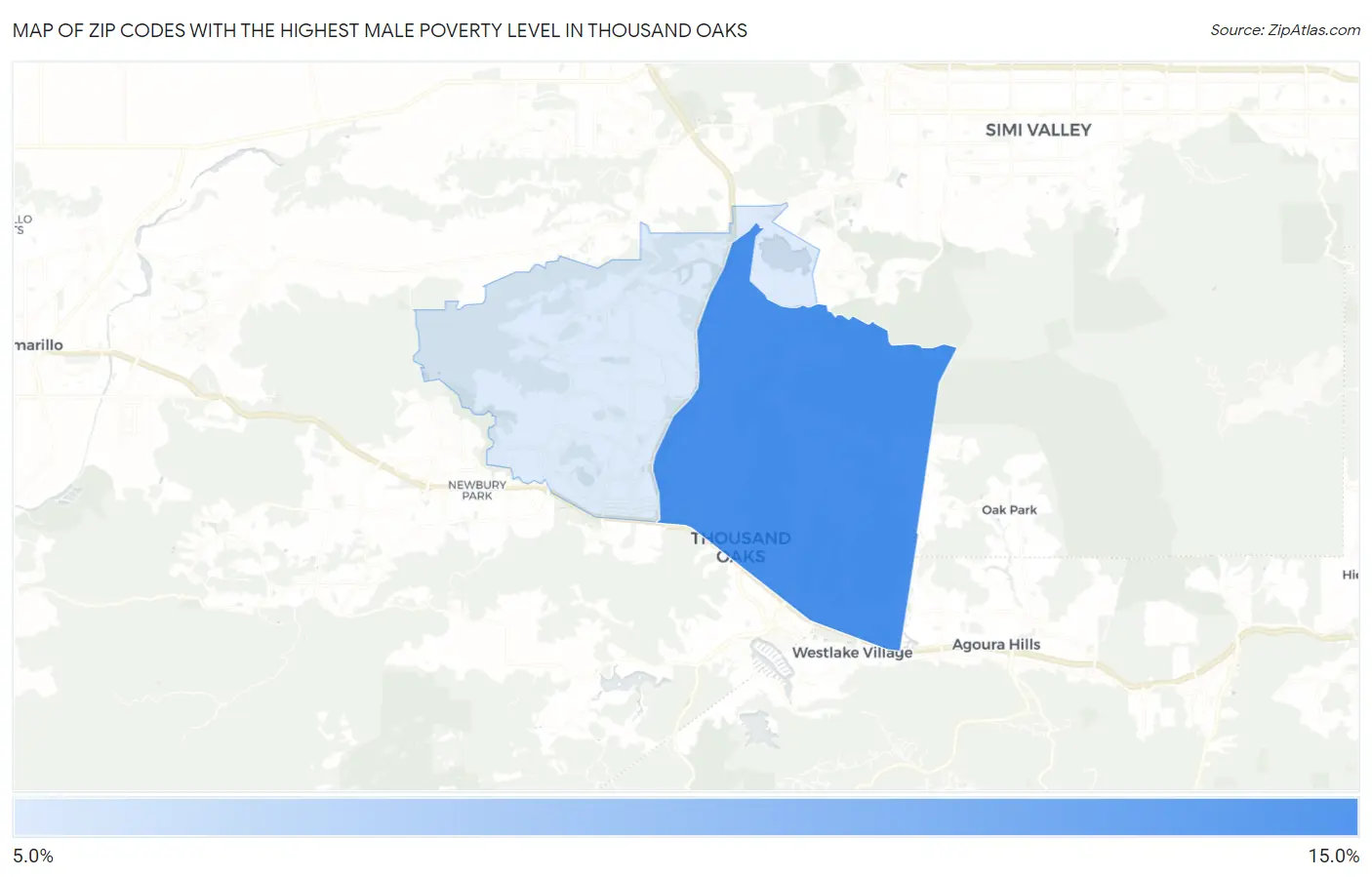 Zip Codes with the Highest Male Poverty Level in Thousand Oaks Map