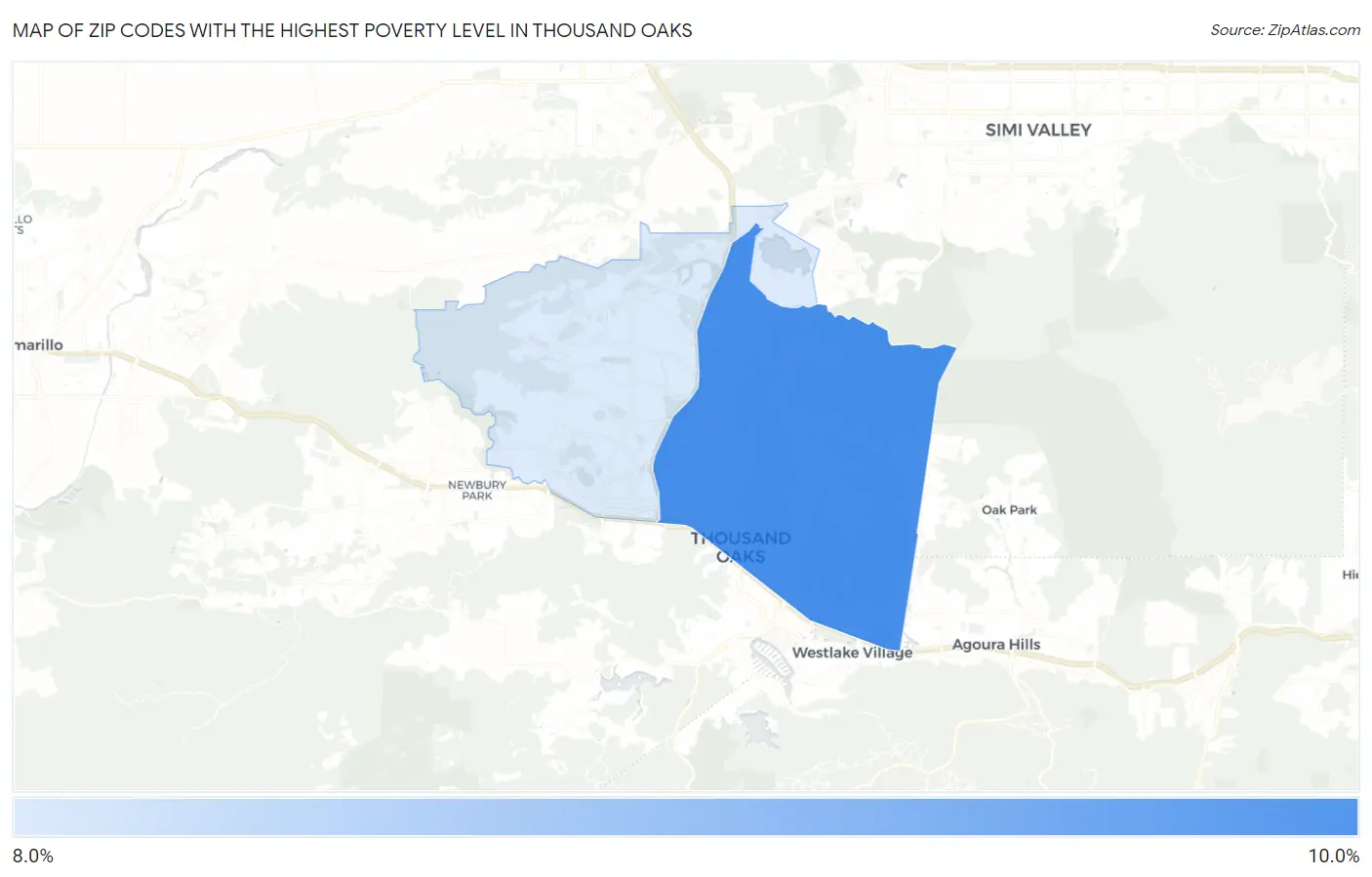 Zip Codes with the Highest Poverty Level in Thousand Oaks Map