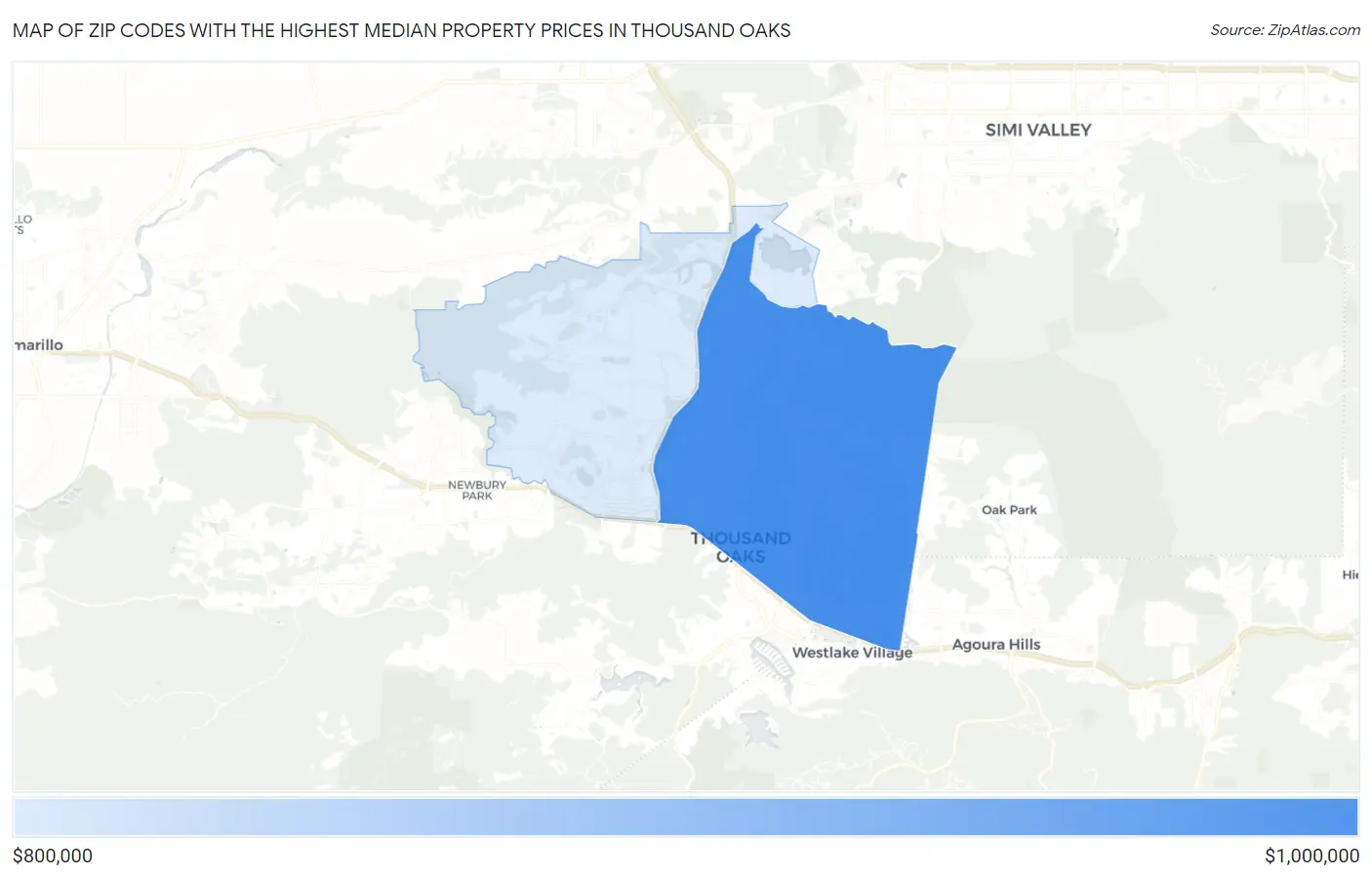 Zip Codes with the Highest Median Property Prices in Thousand Oaks Map